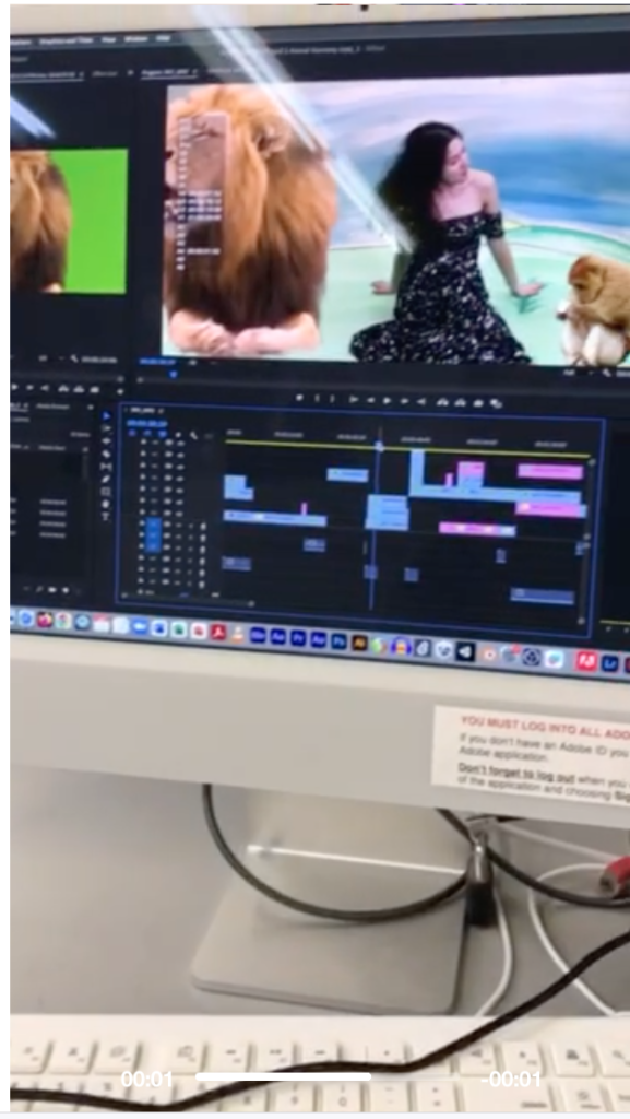 Photo of a computer screen with Premiere Pro open showing Sammi and animals